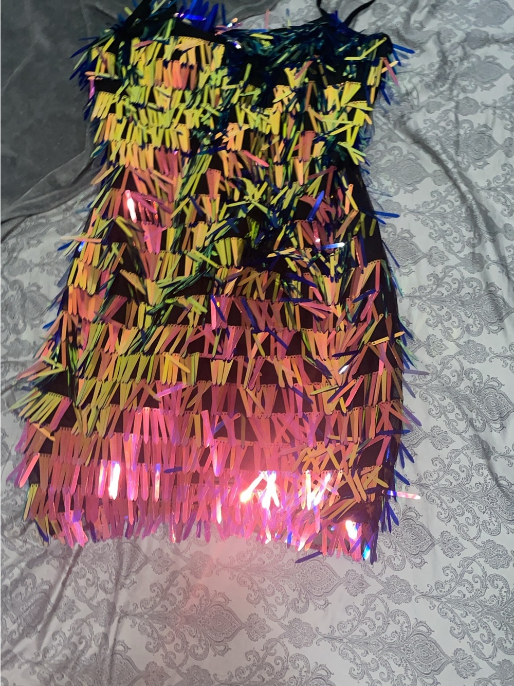 AKIRA Iridescent Pink Gold Green Fringe Sequin Dress